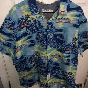 NAUTICA LINEN TIKI ISLAND BUTTON UP DRESS SHIRT